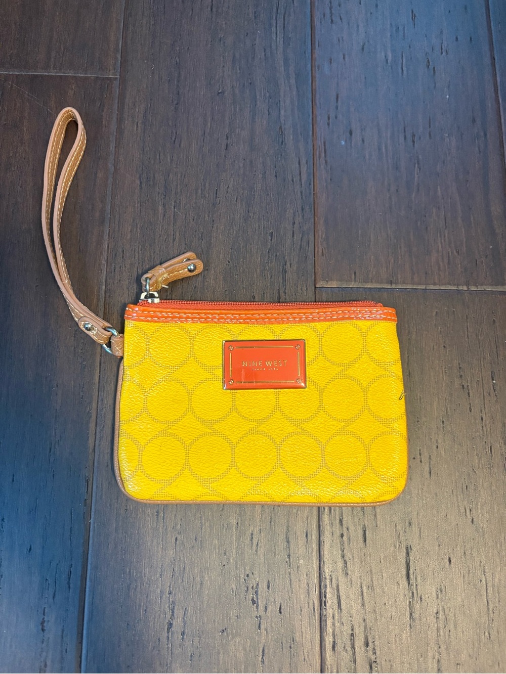 Nine West Yellow Circle-Pattern Wristlet with Tan Strap